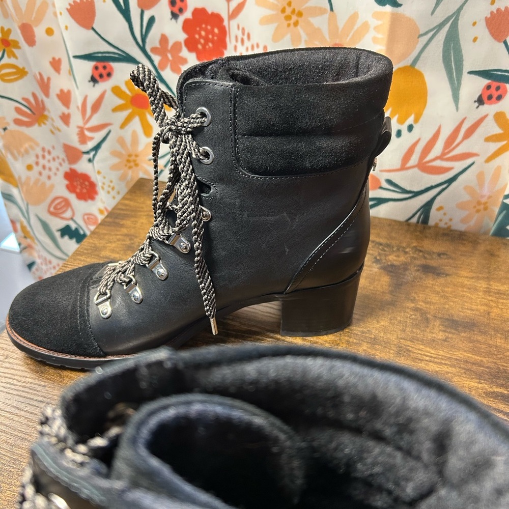 Sam Edelman Manchester Boots Black Wool Details Women’s 9.5 Lace Up Block Heel - Picture 3 of 8
